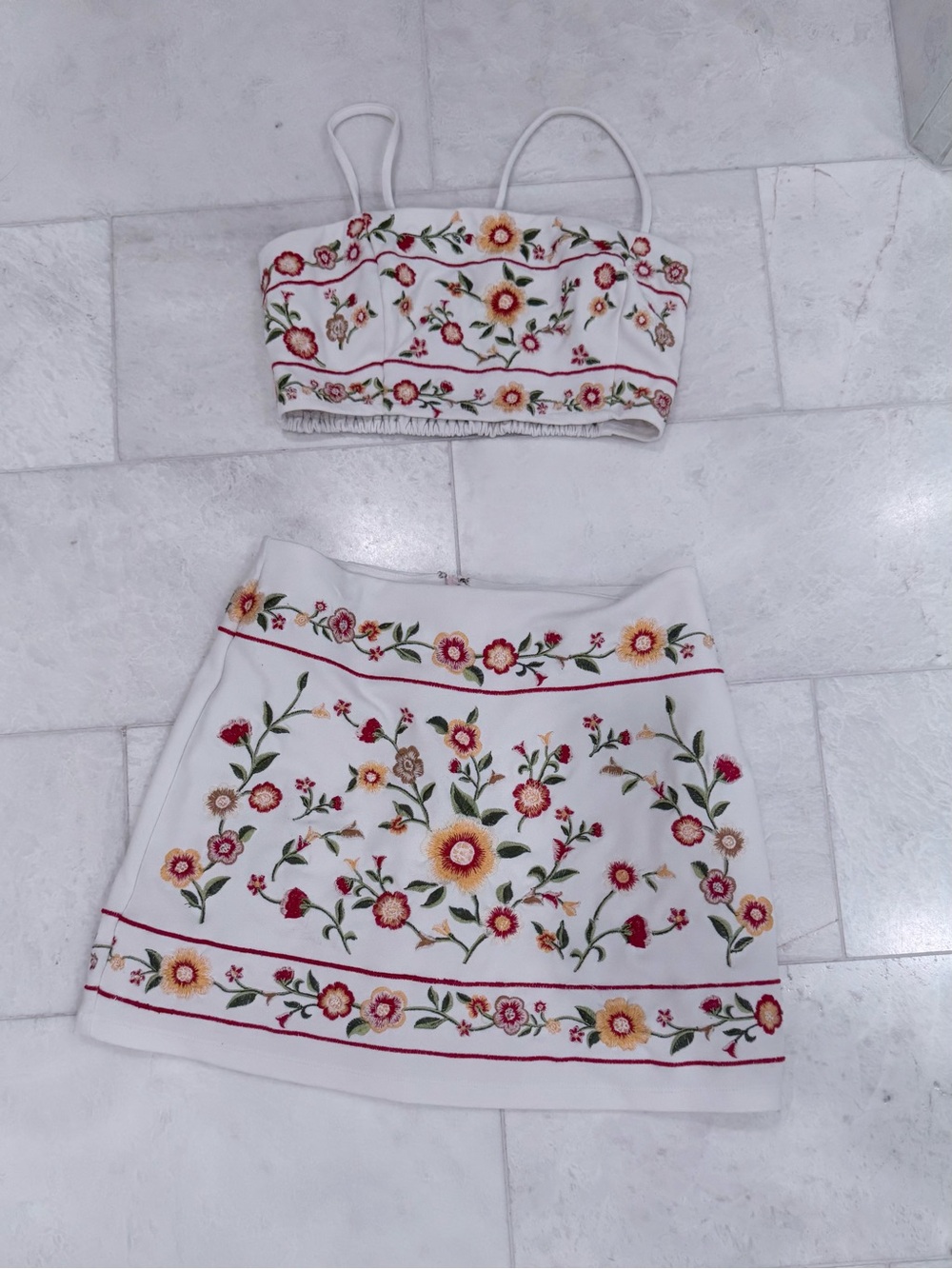 Forever 21 White Floral Embroidered Two-Piece Skirt Set